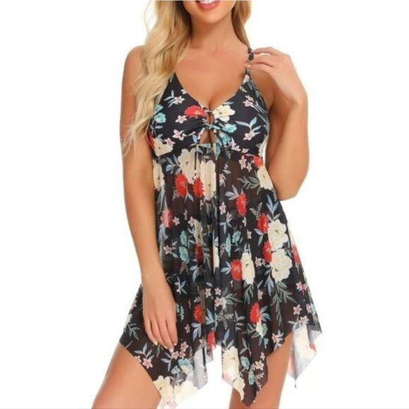 Finwanlo Womens Two Piece Swim Dress Mesh Tankini Top & Bottom Shorts Size XXL - Picture 2 of 14